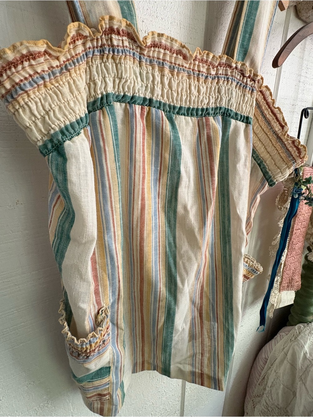 Vintage 70s Striped Smocked Pocket Tank Top - Multicolor Union Made XL - Picture 2 of 13